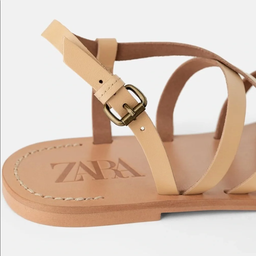 🤍 Zara Vachetta LEATHER FLAT SANDALS WITH STRAPS 6624/001 - Picture 8 of 9
